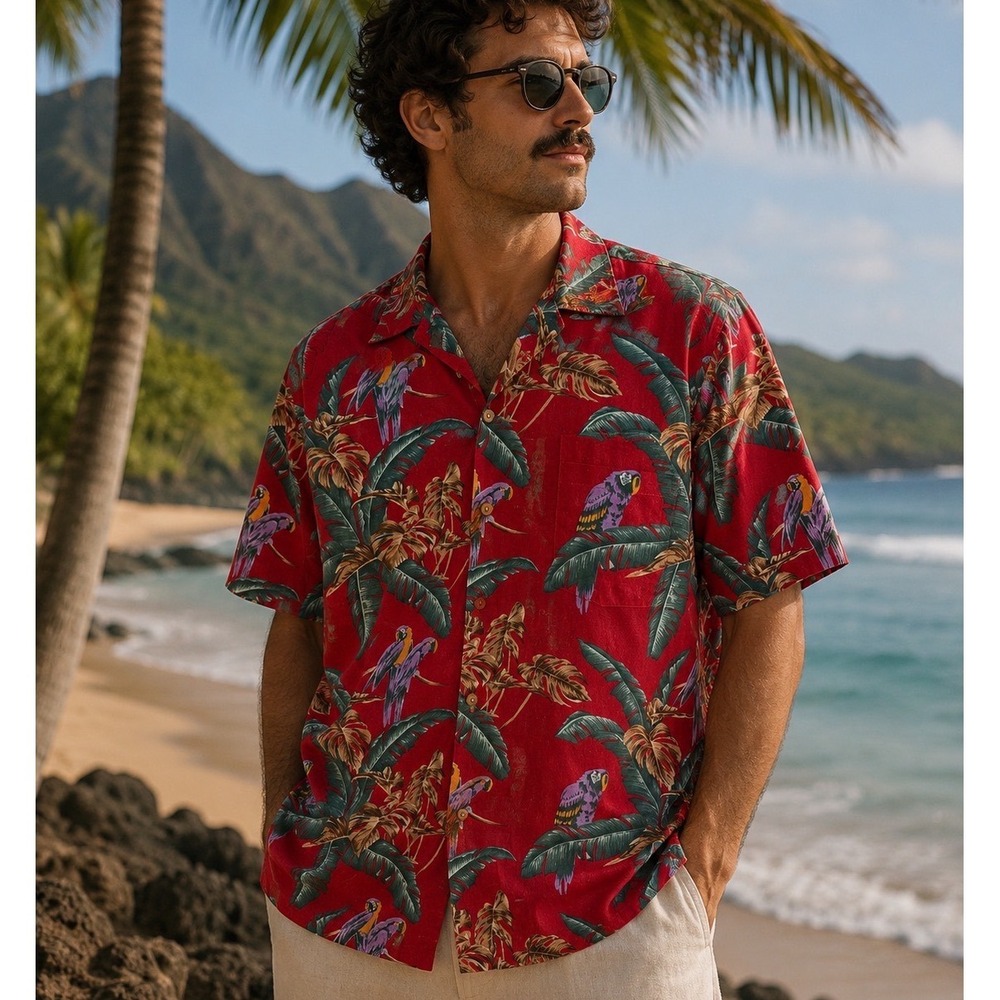 Paradise Found Shirt Mens XL Red Jungle Bird Parrot Magnum PI Aloha Cotton